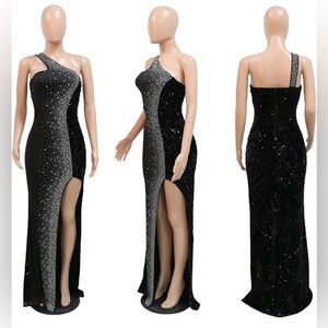 Black and Silver Asymmetrical One Shoulder Gown